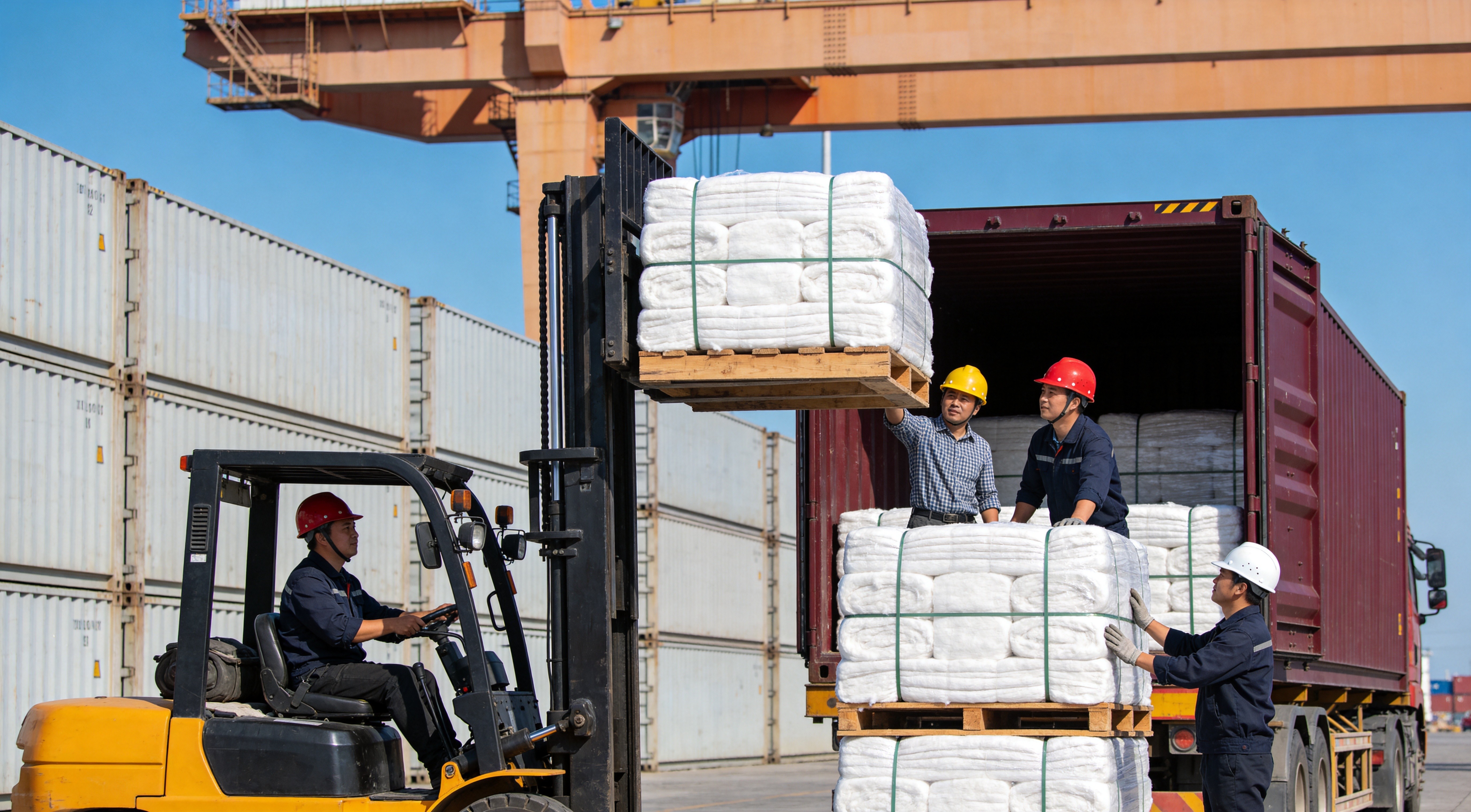 Export containers being loaded for ocean shipment at port